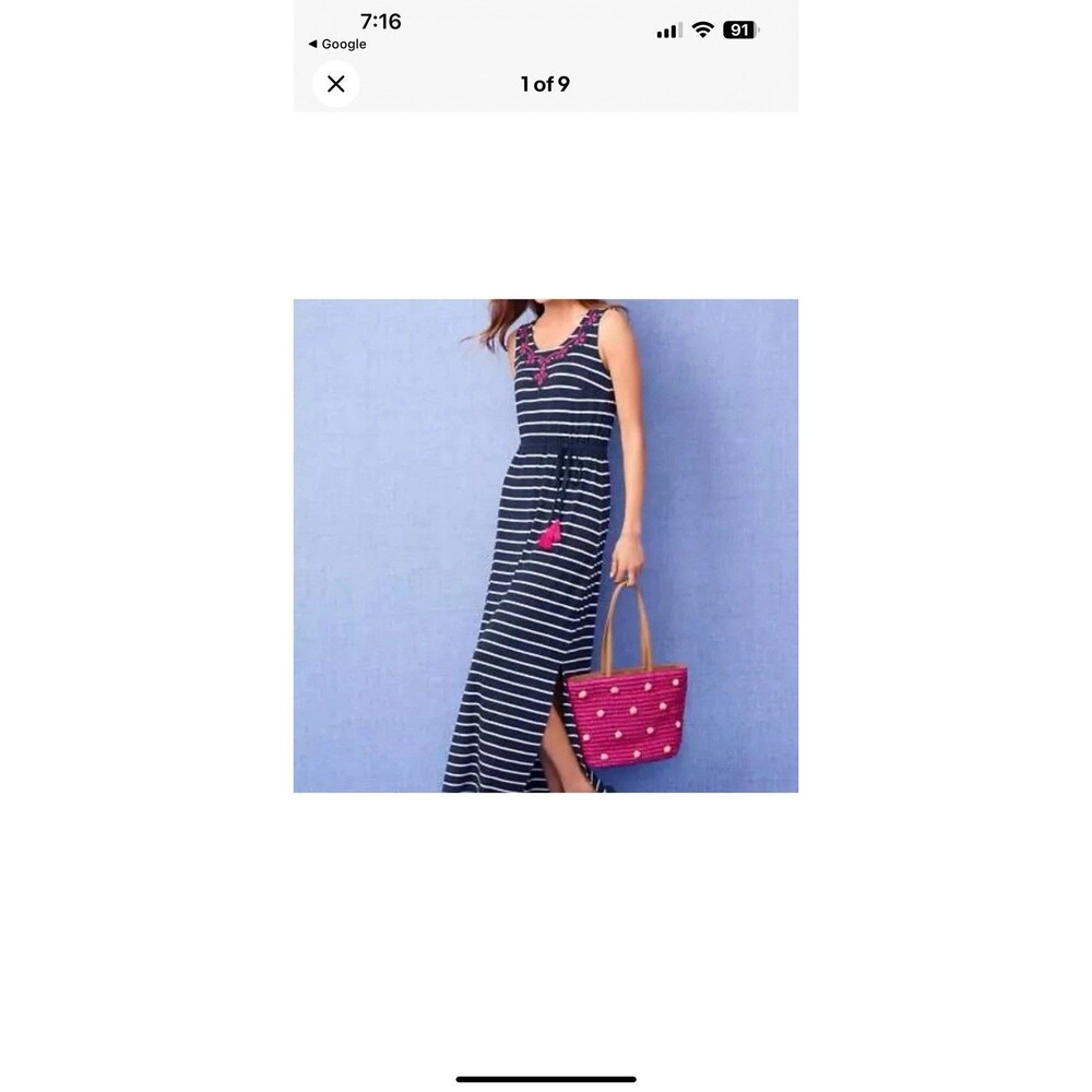 Talbots Navy Blue White Striped Pink Sleeveless Embroidered Tassel maxi Dress S